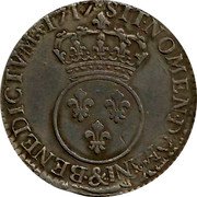France 1/2 ECU (44 Sols) Louis XV 1717 & KM# 420.23 SIT NOMEN DOMINI BENEDICTVM 1716 & coin reverse France 1/2 ECU (44 Sols) Louis XV 1717 & KM# 420.23 SIT NOMEN DOMINI BENEDICTVM 1716 & coin reverse