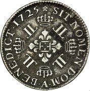 France 1/2 ECU (44 Sols) Louis XV 1725 A KM# 478.1 SIT NOMEN DOM A BENEDICT 1725 coin reverse France 1/2 ECU (44 Sols) Louis XV 1725 A KM# 478.1 SIT NOMEN DOM A BENEDICT 1725 coin reverse