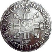 France 1/2 ECU (45 Sols) Louis XIV 1704 B KM# 355.2 SIT NOMEN DOMINI B BENEDICTVM 1704 coin reverse France 1/2 ECU (45 Sols) Louis XIV 1704 B KM# 355.2 SIT NOMEN DOMINI B BENEDICTVM 1704 coin reverse