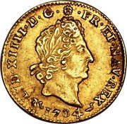France 1/2 Louis D'or Louis XIV 1704 Numeral 9 KM# 363.19 LVD XIIII D G FR ET NAV REX B 1704 coin obverse France 1/2 Louis D'or Louis XIV 1704 Numeral 9 KM# 363.19 LVD XIIII D G FR ET NAV REX B 1704 coin obverse