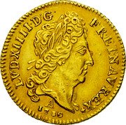 France 1/2 Louis D'or Louis XIV 1710 A KM# 388.1 LVD XIIII D G FR ET NAV REX A 1710 coin obverse France 1/2 Louis D'or Louis XIV 1710 A KM# 388.1 LVD XIIII D G FR ET NAV REX A 1710 coin obverse