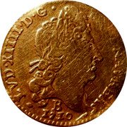 France 1/2 Louis D'or Louis XIV 1710 B KM# 388.2 LVD XIIII D G FR ET NAV REX B 1710 coin obverse France 1/2 Louis D'or Louis XIV 1710 B KM# 388.2 LVD XIIII D G FR ET NAV REX B 1710 coin obverse