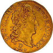 France 1/2 Louis D'or Louis XIV 1710 D KM# 388.4 LVD XIIII D G FR ET NAV REX D 1710 coin obverse France 1/2 Louis D'or Louis XIV 1710 D KM# 388.4 LVD XIIII D G FR ET NAV REX D 1710 coin obverse