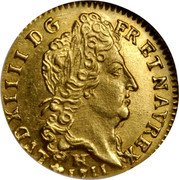France 1/2 Louis D'or Louis XIV 1711 H KM# 388.7 LVD XIIII D G FR ET NAV REX N 1711 coin obverse France 1/2 Louis D'or Louis XIV 1711 H KM# 388.7 LVD XIIII D G FR ET NAV REX N 1711 coin obverse