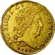 France 1/2 Louis D'or Louis XIV 1711 M KM# 388.10 LVD XIIII D G FR ET NAV REX M 1711 coin obverse France 1/2 Louis D'or Louis XIV 1711 M KM# 388.10 LVD XIIII D G FR ET NAV REX M 1711 coin obverse