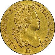 France 1/2 Louis D'or Louis XV 1719 D KM# 437.3 LVD XV D G FR ET NAV REX 1719 D coin obverse France 1/2 Louis D'or Louis XV 1719 D KM# 437.3 LVD XV D G FR ET NAV REX 1719 D coin obverse