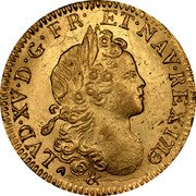France 1/2 Louis D'or Louis XV 1719 & KM# 437.6 LVD XV D G FR ET NAV REX 1719 & coin obverse France 1/2 Louis D'or Louis XV 1719 & KM# 437.6 LVD XV D G FR ET NAV REX 1719 & coin obverse