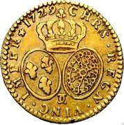 France 1/2 Louis D'or Louis XV 1729 KM# 488.16 CHRS REGN VINC IMPER 1729 coin reverse France 1/2 Louis D'or Louis XV 1729 KM# 488.16 CHRS REGN VINC IMPER 1729 coin reverse