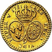 France 1/2 Louis D'or Louis XV 1731 Numeral 9 KM# 488.15 CHRS REGN VINC IMPER 1731 9 coin reverse