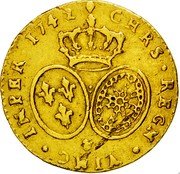 France 1/2 Louis D'or Louis XV 1742 & KM# 517.11 CHRS REGN VINC IMPER & coin reverse France 1/2 Louis D'or Louis XV 1742 & KM# 517.11 CHRS REGN VINC IMPER & coin reverse