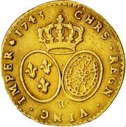 France 1/2 Louis D'or Louis XV 1743 W KM# 517.9 CHRS REGN VINC IMPER 1743 W coin reverse France 1/2 Louis D'or Louis XV 1743 W KM# 517.9 CHRS REGN VINC IMPER 1743 W coin reverse