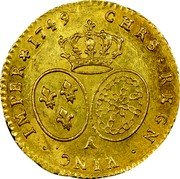 France 1/2 Louis D'or Louis XV 1749 A KM# 517.1 CHRS REGN VINC IMPER 1749 A coin reverse France 1/2 Louis D'or Louis XV 1749 A KM# 517.1 CHRS REGN VINC IMPER 1749 A coin reverse