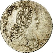 France 1/3 ECU Louis XV 1720 K KM# 455.10 LUD XV D G FR ET NAV REX 1720 coin obverse France 1/3 ECU Louis XV 1720 K KM# 455.10 LUD XV D G FR ET NAV REX 1720 coin obverse