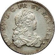 France 1/3 ECU Louis XV 1722 G KM# 457.8 LUD XV D G FR ET NAV REX coin obverse France 1/3 ECU Louis XV 1722 G KM# 457.8 LUD XV D G FR ET NAV REX coin obverse