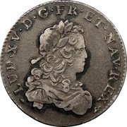 France 1/3 ECU Louis XV 1720 B KM# 457.3 LUD XV D G FR ET NAV REX coin obverse France 1/3 ECU Louis XV 1720 B KM# 457.3 LUD XV D G FR ET NAV REX coin obverse