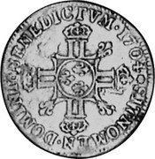 France 1/4 ECU Louis XIV 1704 & KM# 352.17 SIT NOMEN DOMINI BENEDICTVM 1704 & coin reverse France 1/4 ECU Louis XIV 1704 & KM# 352.17 SIT NOMEN DOMINI BENEDICTVM 1704 & coin reverse