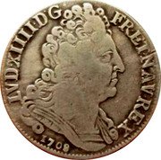 France 1/4 ECU Louis XIV 1708 A KM# 376.1 LVD XIIII D G FR ET NAV REX 1707 coin obverse France 1/4 ECU Louis XIV 1708 A KM# 376.1 LVD XIIII D G FR ET NAV REX 1707 coin obverse