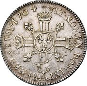 France ECU Louis XIV 1704 AA KM# 360.2 SIT NOMEN DOMINI AA BENEDICTVM 1704 coin reverse France ECU Louis XIV 1704 AA KM# 360.2 SIT NOMEN DOMINI AA BENEDICTVM 1704 coin reverse
