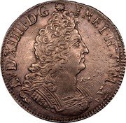 France ECU Louis XIV 1704 B KM# 360.3 LVD XIIII D G FR ET NAV REX coin obverse France ECU Louis XIV 1704 B KM# 360.3 LVD XIIII D G FR ET NAV REX coin obverse