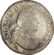 France ECU Louis XIV 1704 Numeral 9 KM# 360.24 LVD XIIII D G FR ET NAV REX coin obverse