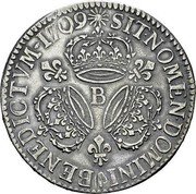 France ECU Louis XIV 1709 B KM# 386.2 SIT NOMEN DOMINI T BENEDICTVM 1712 B coin reverse France ECU Louis XIV 1709 B KM# 386.2 SIT NOMEN DOMINI T BENEDICTVM 1712 B coin reverse