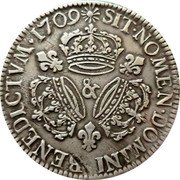 France ECU Louis XIV 1709 & KM# 386.24 SIT NOMEN DOMINI BENEDICTVM 1079 & coin reverse France ECU Louis XIV 1709 & KM# 386.24 SIT NOMEN DOMINI BENEDICTVM 1079 & coin reverse