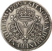 France ECU Louis XIV 1709 X KM# 386.20 SIT.NOMEN.DOMINI.BENEDICTVM 1711 X coin reverse France ECU Louis XIV 1709 X KM# 386.20 SIT.NOMEN.DOMINI.BENEDICTVM 1711 X coin reverse