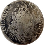 France ECU Louis XIV 1710 E KM# 386.5 LVD XIIII D G FR ET NAV REX coin obverse France ECU Louis XIV 1710 E KM# 386.5 LVD XIIII D G FR ET NAV REX coin obverse
