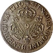 France ECU Louis XIV 1710 Numeral 9 KM# 386.23 SIT NOMEN DOMINI BENEDICTVM 1717 9 coin reverse France ECU Louis XIV 1710 Numeral 9 KM# 386.23 SIT NOMEN DOMINI BENEDICTVM 1717 9 coin reverse