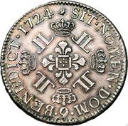 France ECU Louis XV 1724 Numeral 9 KM# 472.26 SIT NOMEN DOM 9 BENEDICT 1724 coin reverse France ECU Louis XV 1724 Numeral 9 KM# 472.26 SIT NOMEN DOM 9 BENEDICT 1724 coin reverse