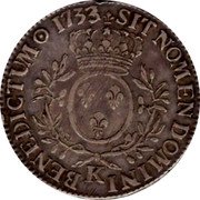 France ECU Louis XV 1733 K KM# 486.11 SIT NOMEN DOMINI K BENEDICTUM 1733 coin reverse France ECU Louis XV 1733 K KM# 486.11 SIT NOMEN DOMINI K BENEDICTUM 1733 coin reverse