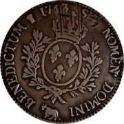 France ECU Louis XV 1763 Cow KM# 518 SIT NOMEN DOMINI BENEDICTUM 1763 coin reverse France ECU Louis XV 1763 Cow KM# 518 SIT NOMEN DOMINI BENEDICTUM 1763 coin reverse