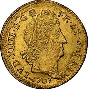France Louis D'or Louis XIV 1701 B KM# 334.3 LVD XIIII D G FR ET NAV REX 1701 coin obverse