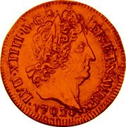 France Louis D'or Louis XIV 1702 O KM# 334.15 LVD XIIII D G FR ET NAV REX 1702 coin obverse