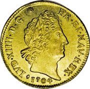 France Louis D'or Louis XIV 1704 & KM# 365.24 LVD XIIII D G FR ET NAV REX 1704 coin obverse France Louis D'or Louis XIV 1704 & KM# 365.24 LVD XIIII D G FR ET NAV REX 1704 coin obverse