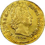 France Louis D'or Louis XIV 1704 O KM# 365.14 LVD XIIII D G FR ET NAV REX 1704 coin obverse France Louis D'or Louis XIV 1704 O KM# 365.14 LVD XIIII D G FR ET NAV REX 1704 coin obverse