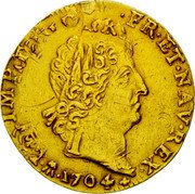 France Louis D'or Louis XIV 1704 T KM# 365.18 LVD XIIII D G FR ET NAV REX 1704 coin obverse France Louis D'or Louis XIV 1704 T KM# 365.18 LVD XIIII D G FR ET NAV REX 1704 coin obverse