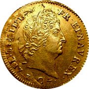 France Louis D'or Louis XIV 1704 Y KM# 365.22 LVD XIIII D G FR ET NAV REX 1704 coin obverse France Louis D'or Louis XIV 1704 Y KM# 365.22 LVD XIIII D G FR ET NAV REX 1704 coin obverse