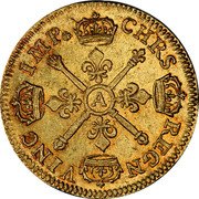 France Louis D'or Louis XIV 1707 A KM# 367 CHRS REGN VINC IMP A coin reverse France Louis D'or Louis XIV 1707 A KM# 367 CHRS REGN VINC IMP A coin reverse