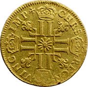France Louis D'or Louis XIV 1710 Cow KM# 391 CHRS REGN VINC IMP coin reverse France Louis D'or Louis XIV 1710 Cow KM# 391 CHRS REGN VINC IMP coin reverse