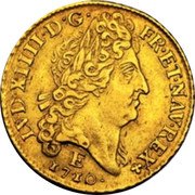 France Louis D'or Louis XIV 1710 E KM# 390.5 LVD XIIII D G FR ET NAV REX 1710 E coin obverse France Louis D'or Louis XIV 1710 E KM# 390.5 LVD XIIII D G FR ET NAV REX 1710 E coin obverse