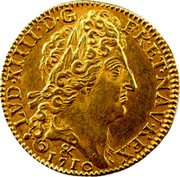 France Louis D'or Louis XIV 1710 & KM# 390.25 LVD XIIII D G FR ET NAV REX 1710 & coin obverse France Louis D'or Louis XIV 1710 & KM# 390.25 LVD XIIII D G FR ET NAV REX 1710 & coin obverse