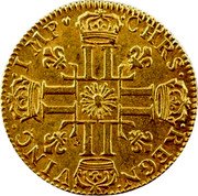 France Louis D'or Louis XIV 1710 & KM# 390.25 CHRS REGN VINC IMP coin reverse France Louis D'or Louis XIV 1710 & KM# 390.25 CHRS REGN VINC IMP coin reverse