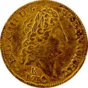 France Louis D'or Louis XIV 1710 K KM# 390.9 LVD XIIII D G FR ET NAV REX 1710 K coin obverse France Louis D'or Louis XIV 1710 K KM# 390.9 LVD XIIII D G FR ET NAV REX 1710 K coin obverse