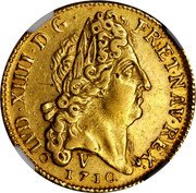France Louis D'or Louis XIV 1710 V KM# 390.19 LVD XIIII D G FR ET NAV REX 1710 V coin obverse France Louis D'or Louis XIV 1710 V KM# 390.19 LVD XIIII D G FR ET NAV REX 1710 V coin obverse