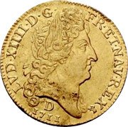 France Louis D'or Louis XIV 1711 D KM# 390.4 LVD XIIII D G FR ET NAV REX 1711 D coin obverse France Louis D'or Louis XIV 1711 D KM# 390.4 LVD XIIII D G FR ET NAV REX 1711 D coin obverse
