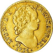 France Louis D'or Louis XIV 1715 N KM# 415.1 LVD XV D G FR ET NAV REX N 1715 coin obverse France Louis D'or Louis XIV 1715 N KM# 415.1 LVD XV D G FR ET NAV REX N 1715 coin obverse