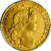 France Louis D'or Louis XV 1718 D KM# 438.6 LVD XV D G FR ET NAV REX 1718 D coin obverse France Louis D'or Louis XV 1718 D KM# 438.6 LVD XV D G FR ET NAV REX 1718 D coin obverse