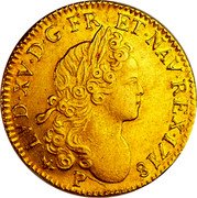 France Louis D'or Louis XV 1718 P KM# 438.13 LVD XV D G FR ET NAV REX 1718 P coin obverse France Louis D'or Louis XV 1718 P KM# 438.13 LVD XV D G FR ET NAV REX 1718 P coin obverse