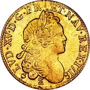 France Louis D'or Louis XV 1718 S KM# 438.15 LVD XV D G FR ET NAV REX 1718 S coin obverse France Louis D'or Louis XV 1718 S KM# 438.15 LVD XV D G FR ET NAV REX 1718 S coin obverse
